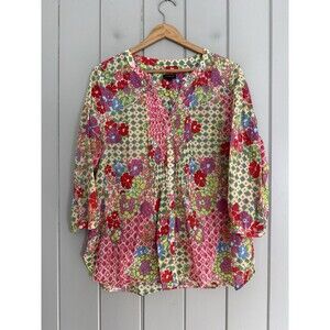 Talbots Blouse L Large Cotton Voile Button Front Collarless V-Neck Floral Pink